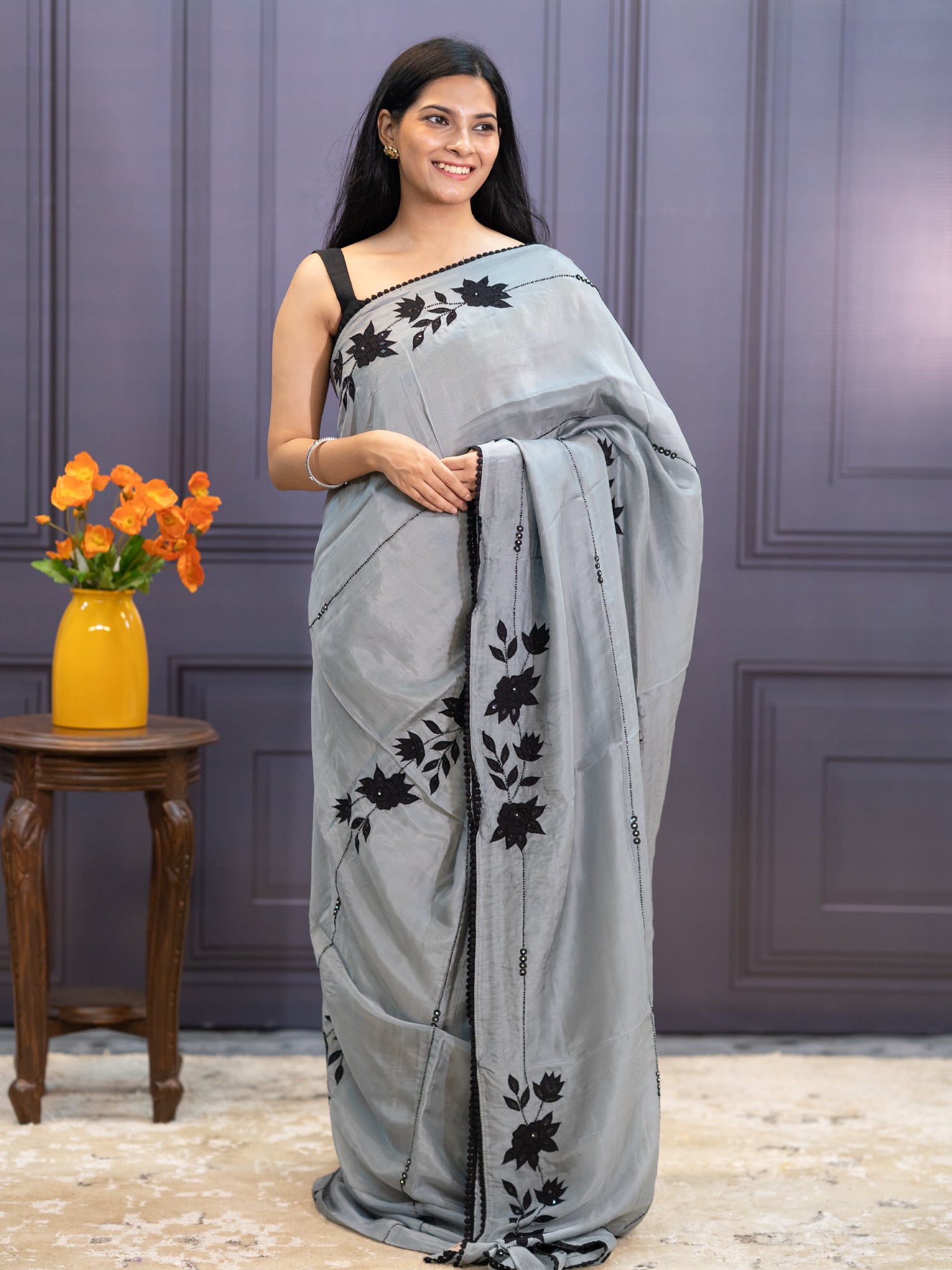 Russian Crepe Saree With Kardhana  Work  Lace Border - Grey