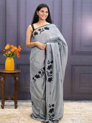 Russian Crepe Saree With Kardhana  Work  Lace Border - Grey