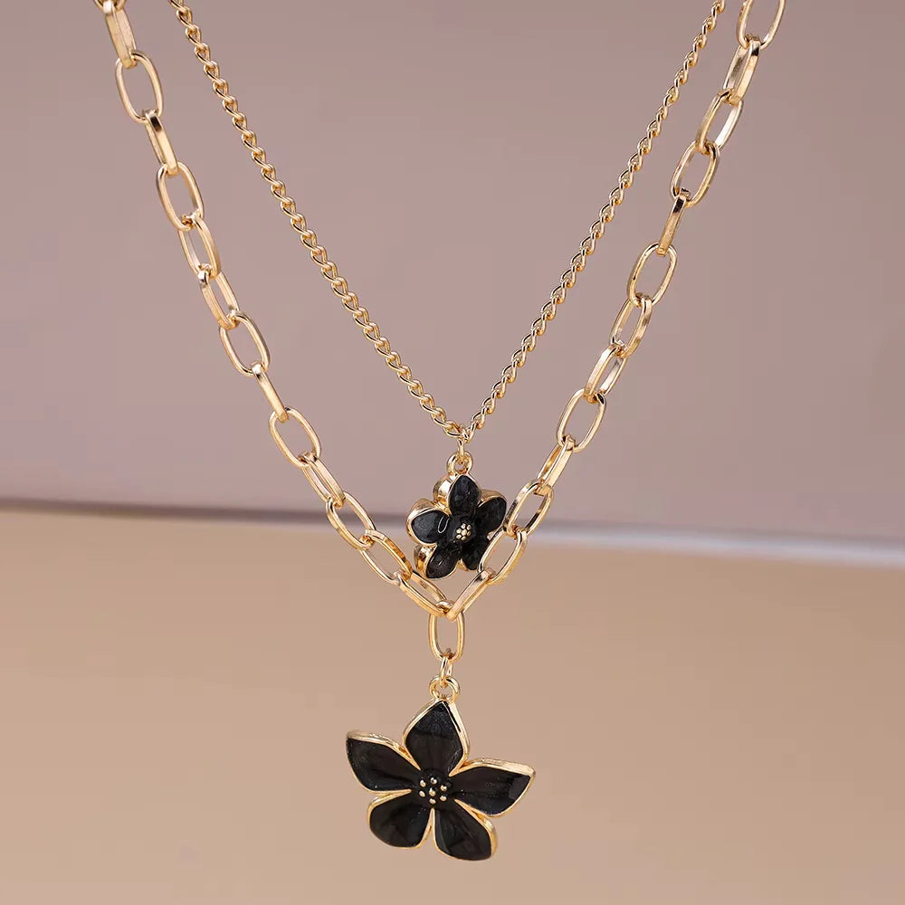 2pc Black Flower Necklace Set