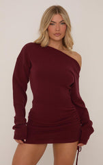 Long Sleeve Off The Shoulder Ruched Mini Dress In Burgundy Knit | EGO US