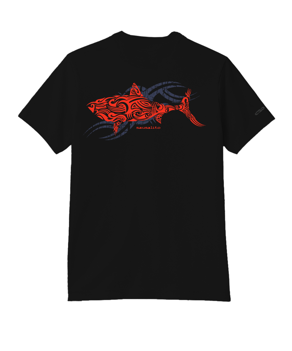 Black t-shirt with a red and gray shark design on the back against a white background