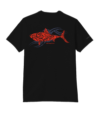 Black t-shirt with a red and gray shark design on the back against a white background