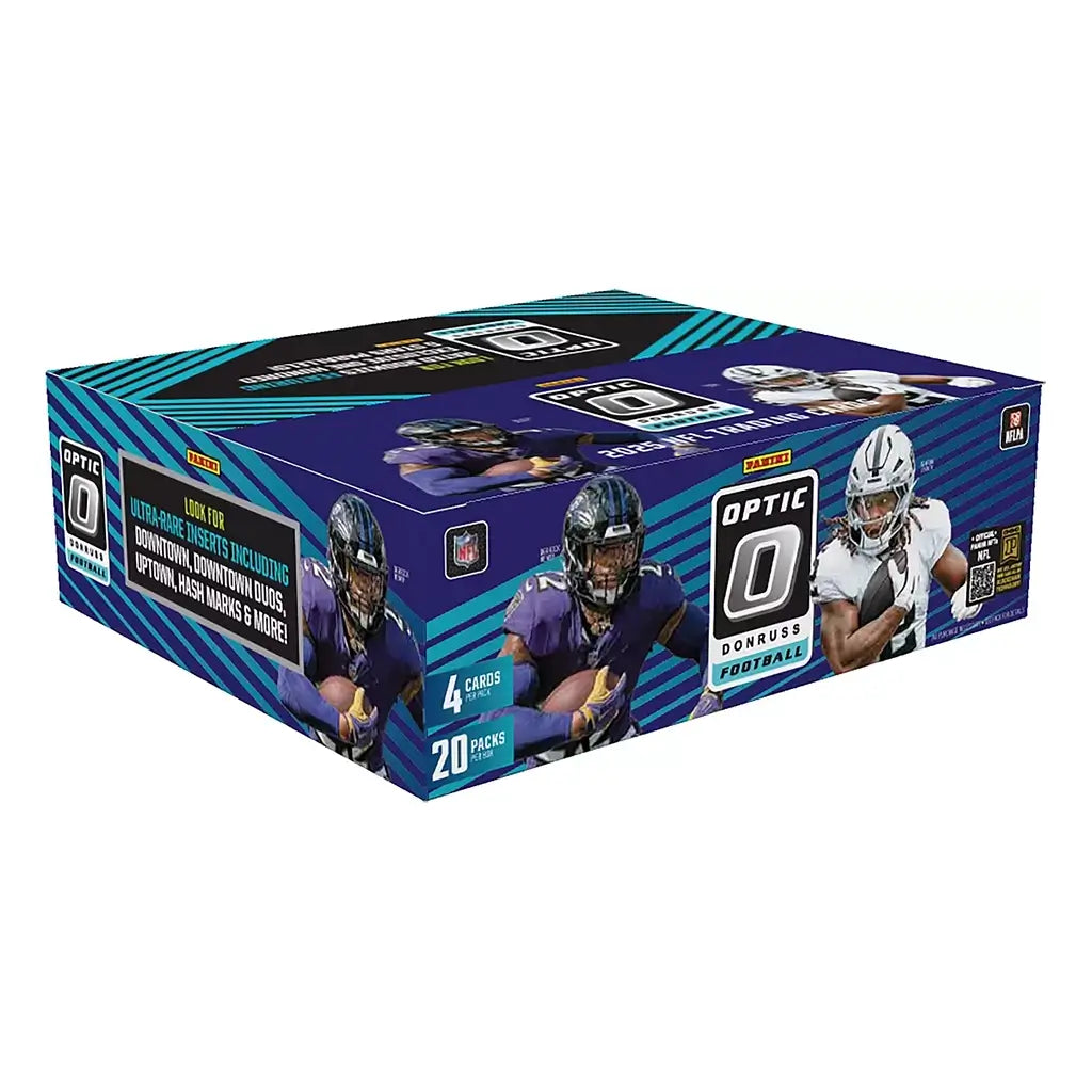 Panini Donruss Optic NFL trading cards retail box in blue, teal, and black glossy cardboard packaging with rectangular low-profile shape, featuring football player graphics and branding, sealed collector box on a clean white background