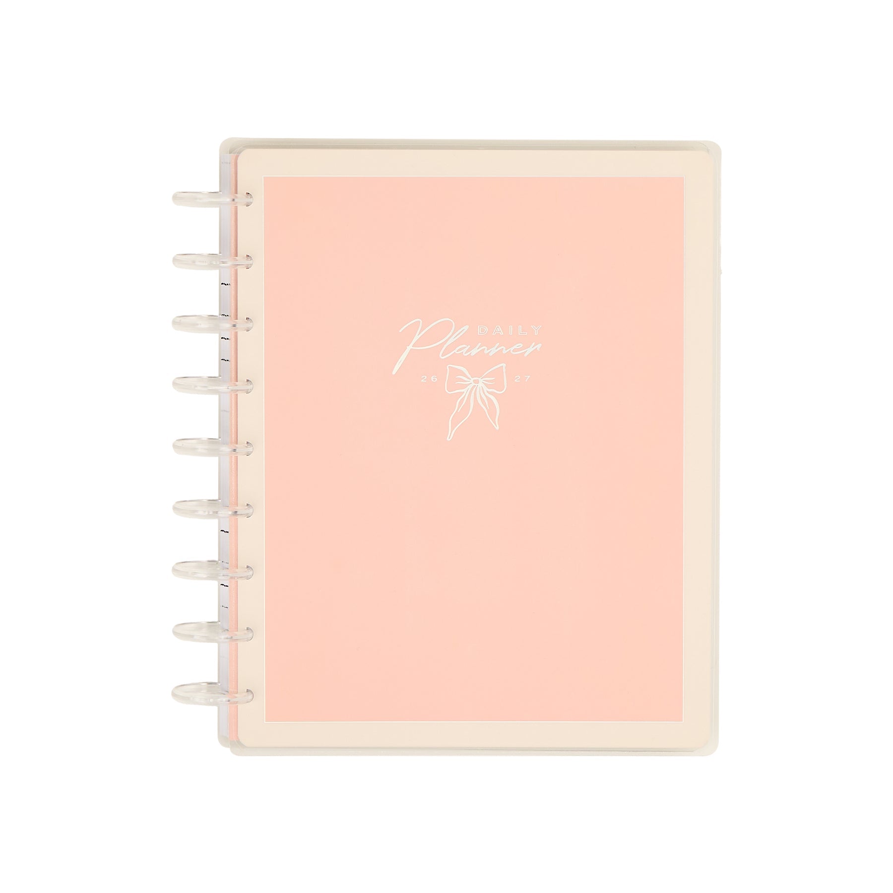 2026–2027 Pastel Poetry Customizable Planner - Classic Dashboard Layout - 12 Months with a soft pastel pink cover featuring a white bow illustration and disc-bound design.