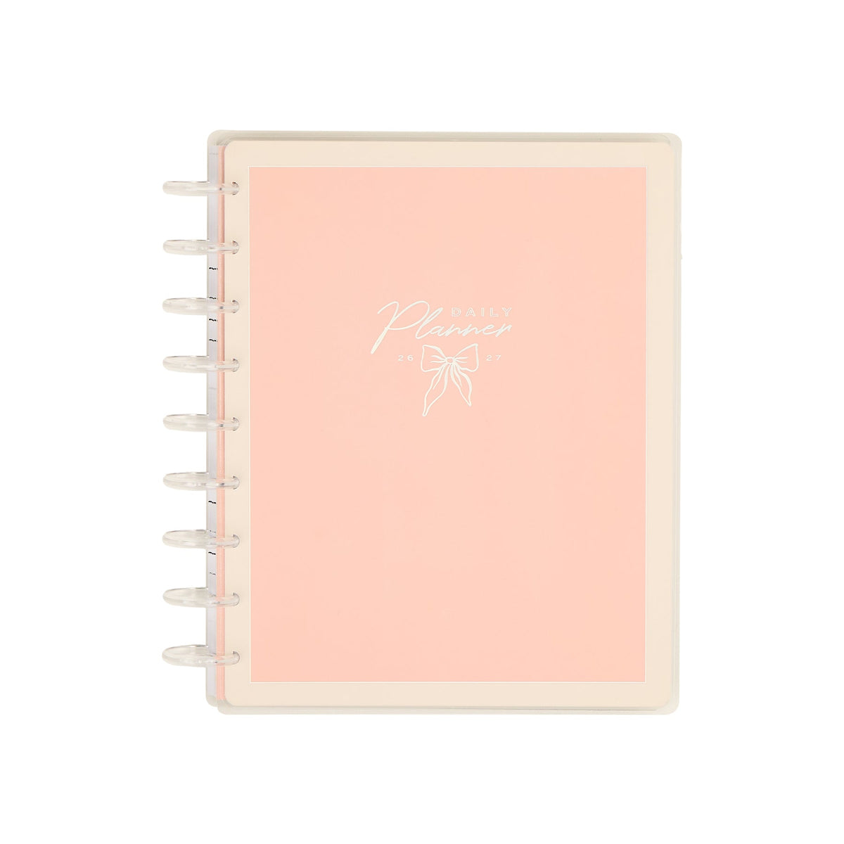2026–2027 Pastel Poetry Customizable Planner - Classic Dashboard Layout - 12 Months with a soft pastel pink cover featuring a white bow illustration and disc-bound design.
