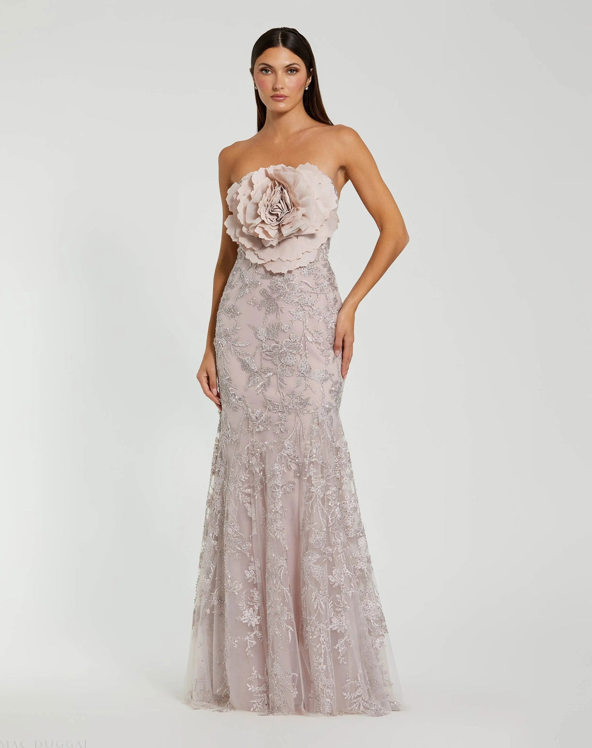 Pink Strapless Lace Embellished Trumpet Gown With 3D Flower - Mac Duggal