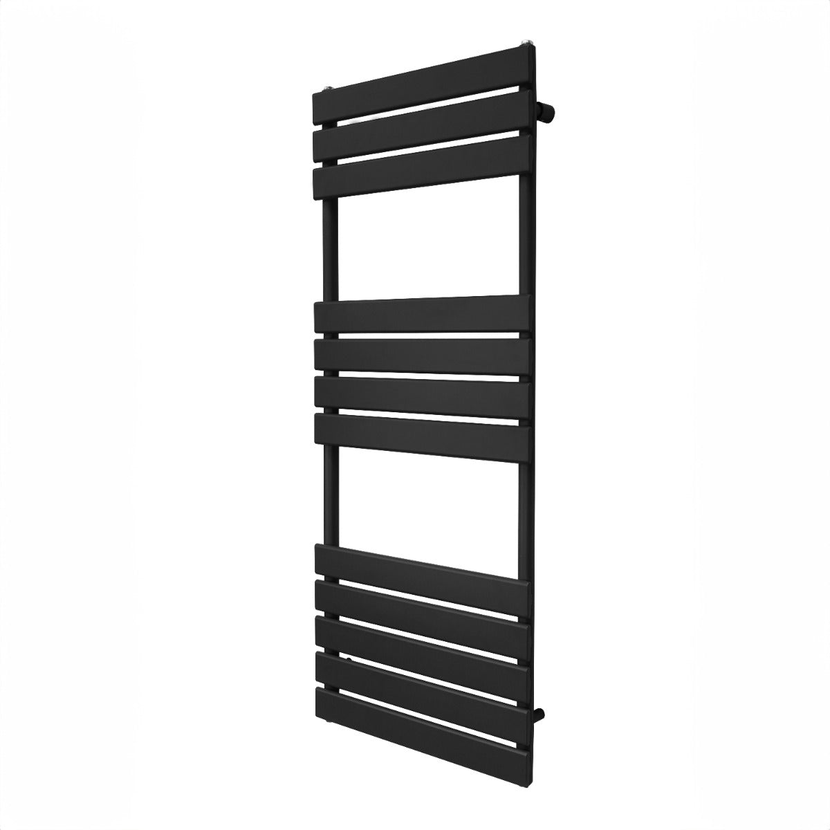Radiateur sèche-serviettes noir en acier, dimensions 1200 x 450 mm, avec un design moderne et des lattes horizontales élégantes