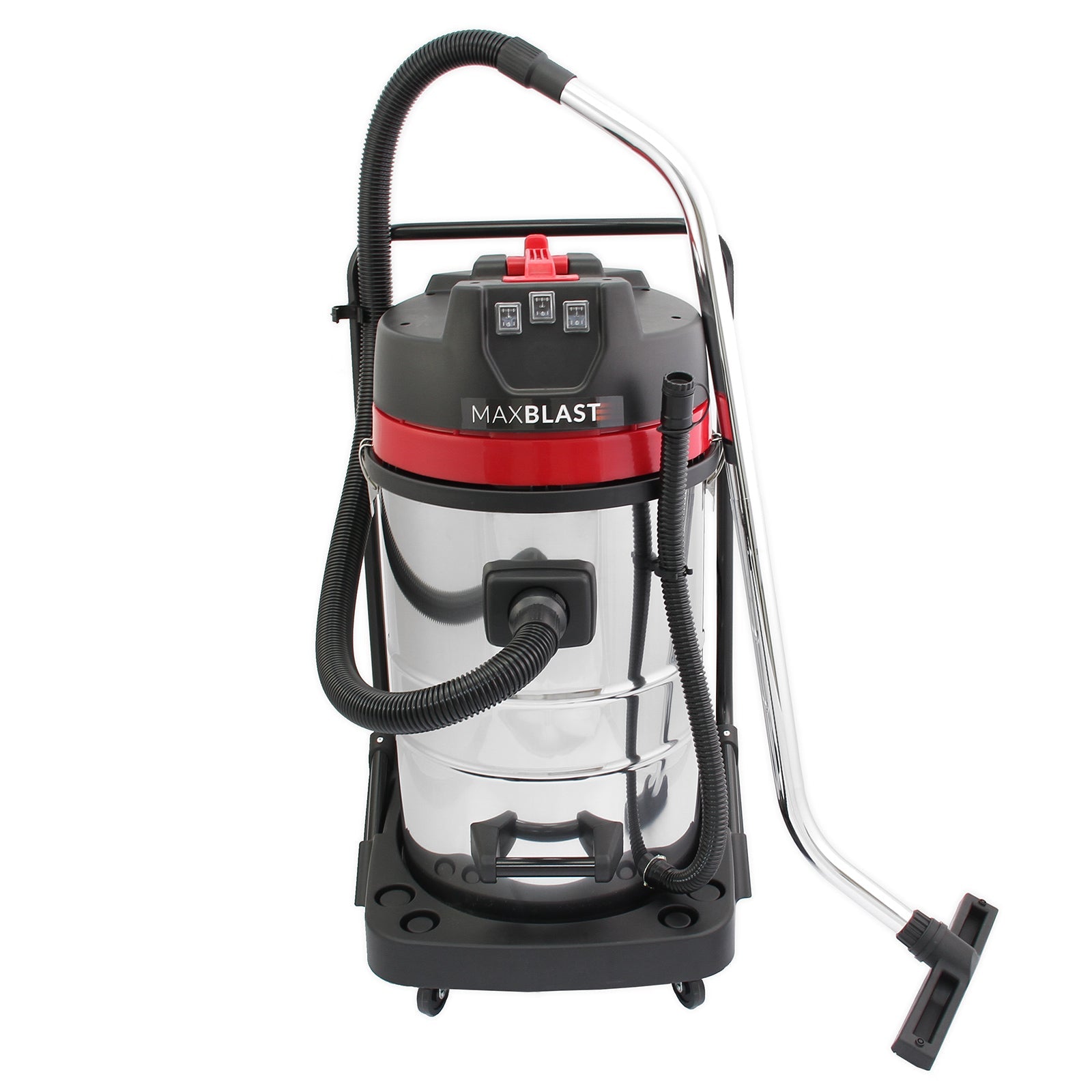 RVS 80L nat- en droog stofzuiger met zwarte slangen, rode accenten en een stevige basis voor veelzijdig gebruik in huis en tuin