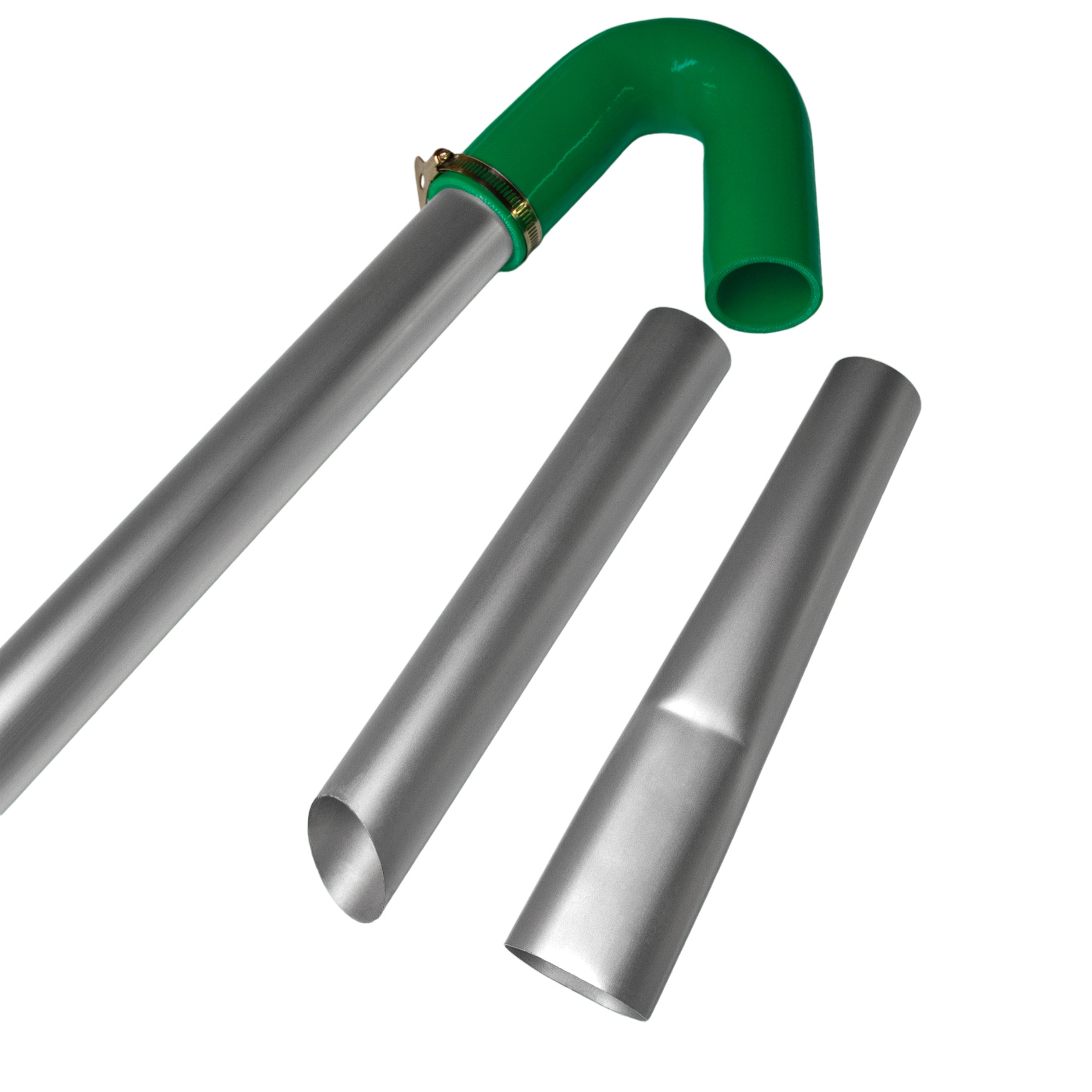 Groene bocht en twee metalen stofzuigerstangen, ideaal voor een 80L nat- en droogstofzuiger, met glanzende, gladde afwerking