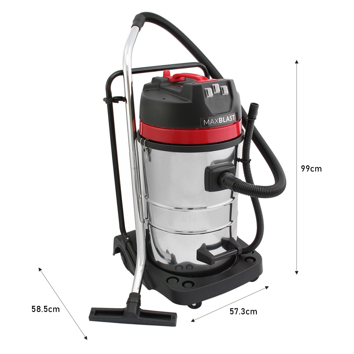 RVS nat- en droog stofzuiger van 80L met zwarte en rode details, inclusief vacuümslang en dakgootstofzuigerstangen, 99 cm hoog