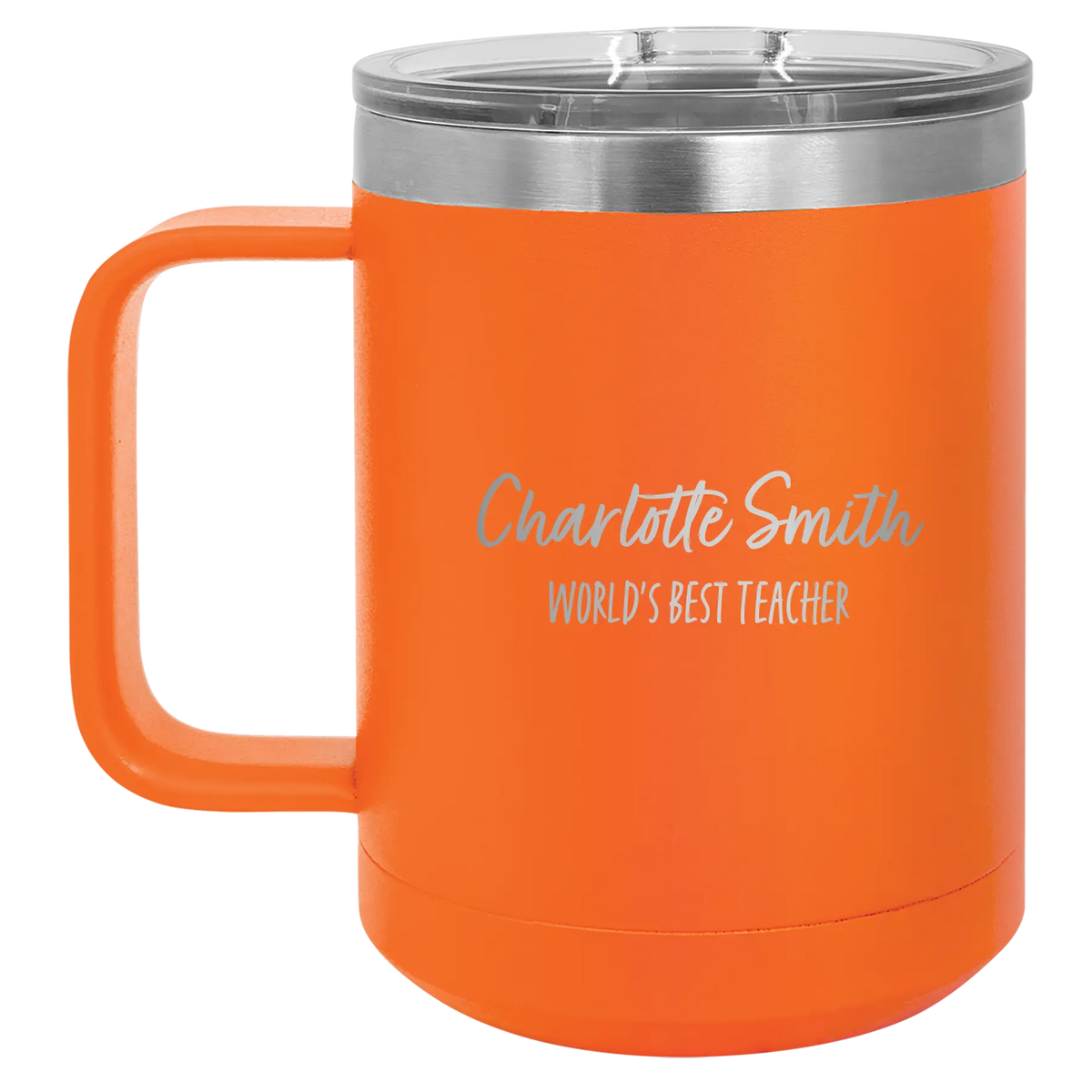 Personalized orange 15 oz vacuum insulated coffee mug with 'Two Lines Name and Title' design