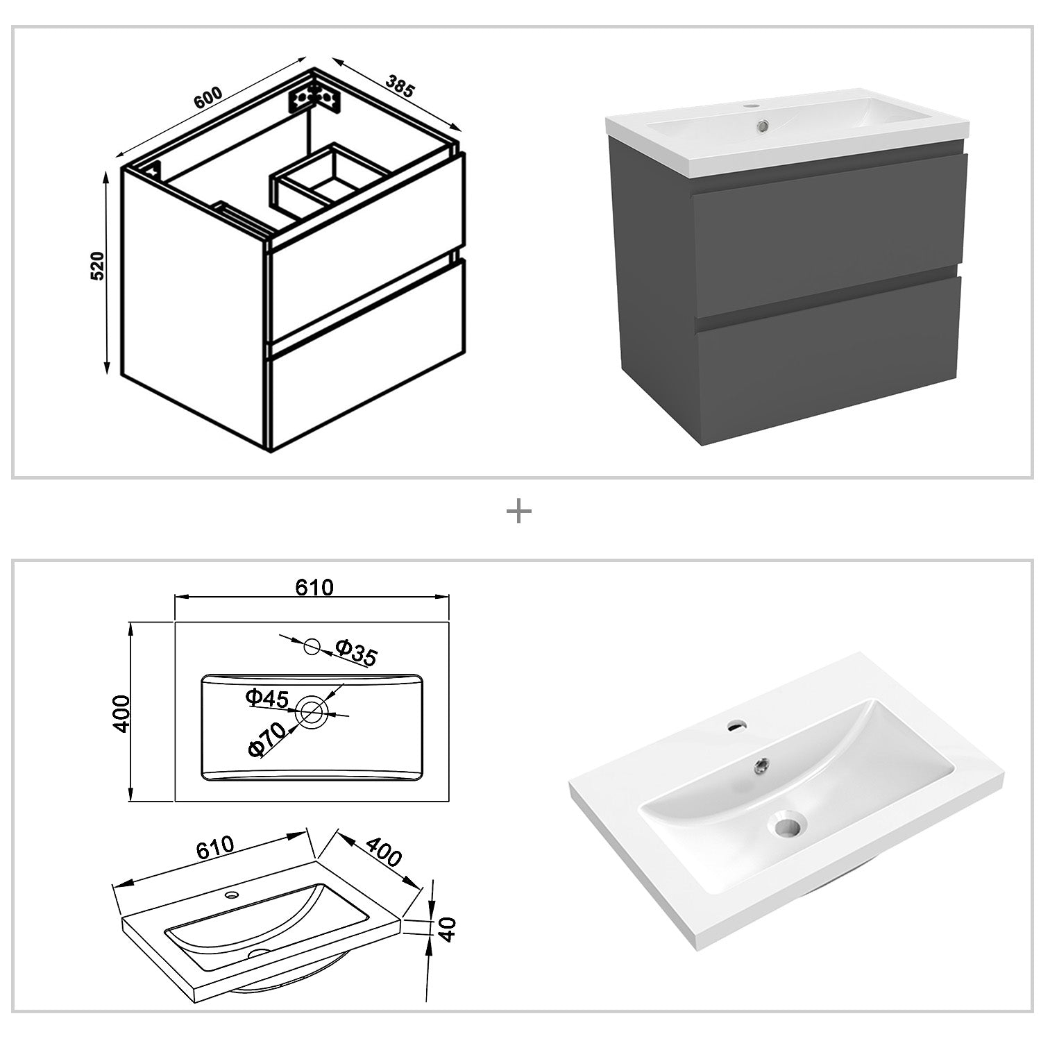 Biubiubath Badmöbel 50/60/80/100/120 cm Mineralguss-Waschtisch mit Unterschrank Badmöbel-Set Badezimmerschrank mit 2 Soft-Close-Schubladen Weiß matt/Dunkelgrau matt/Eiche matt/Weiß Hochglanz/Schwarz Hochglanz