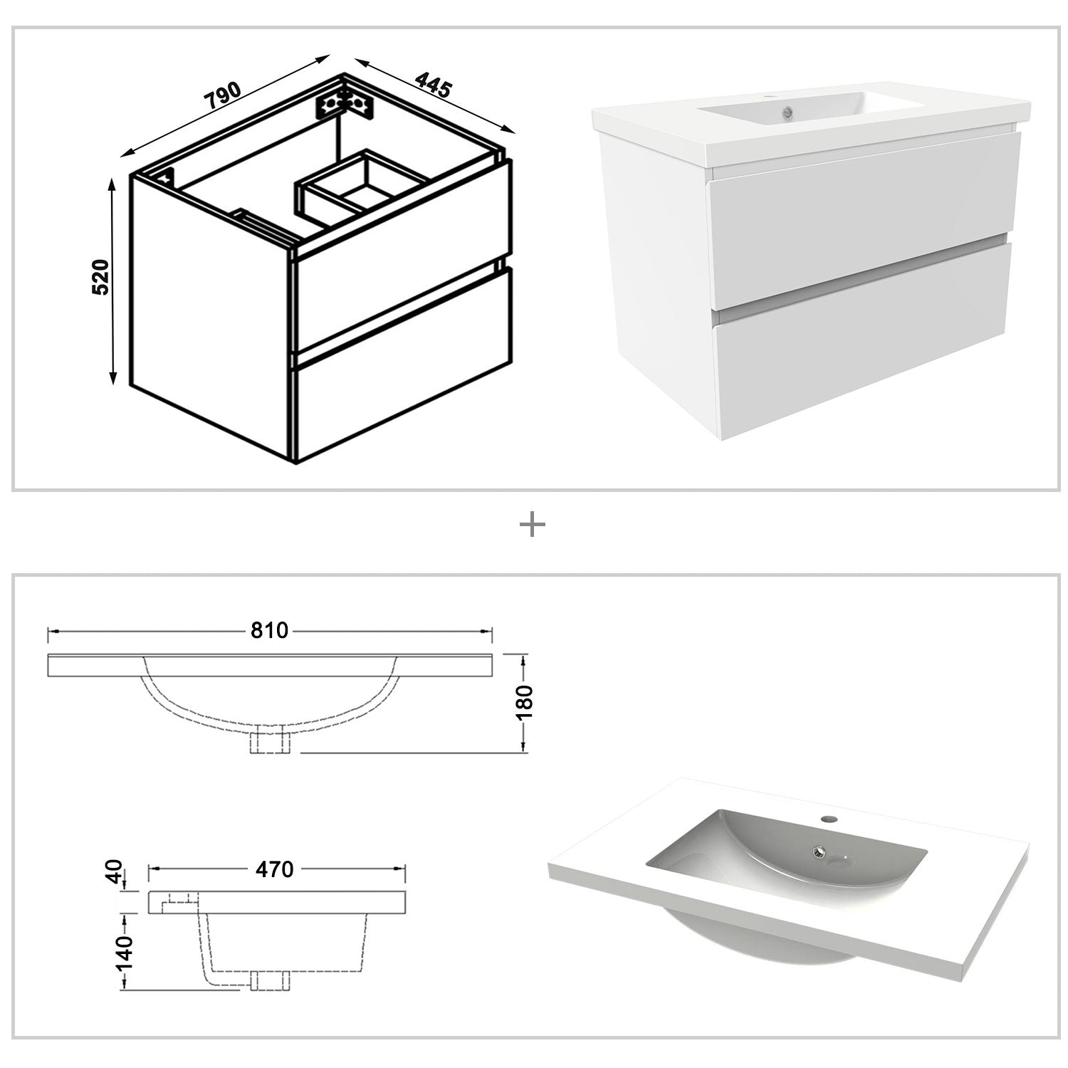 Biubiubath Badmöbel 50/60/80/100/120 cm Mineralguss-Waschtisch mit Unterschrank Badmöbel-Set Badezimmerschrank mit 2 Soft-Close-Schubladen Weiß matt/Dunkelgrau matt/Eiche matt/Weiß Hochglanz/Schwarz Hochglanz