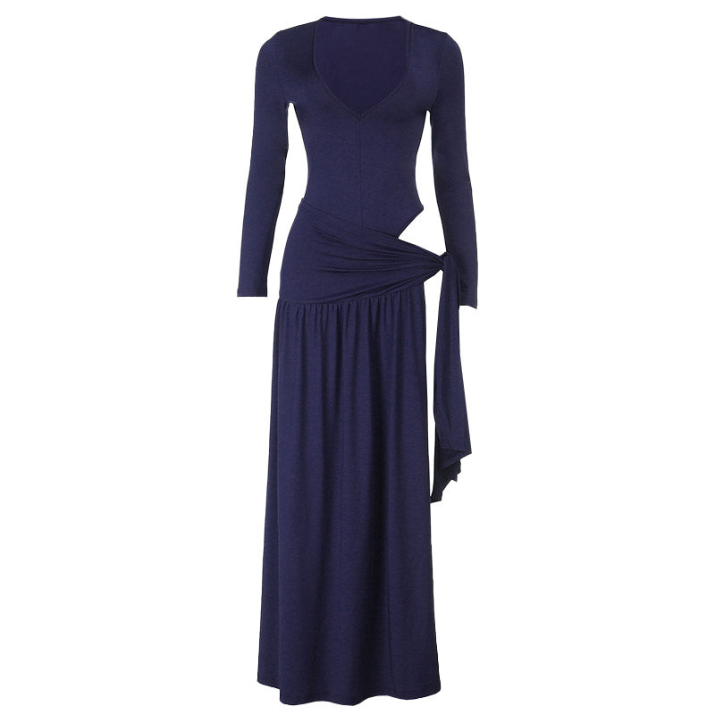 Long sleeve v neck ruched irregular maxi skirt set