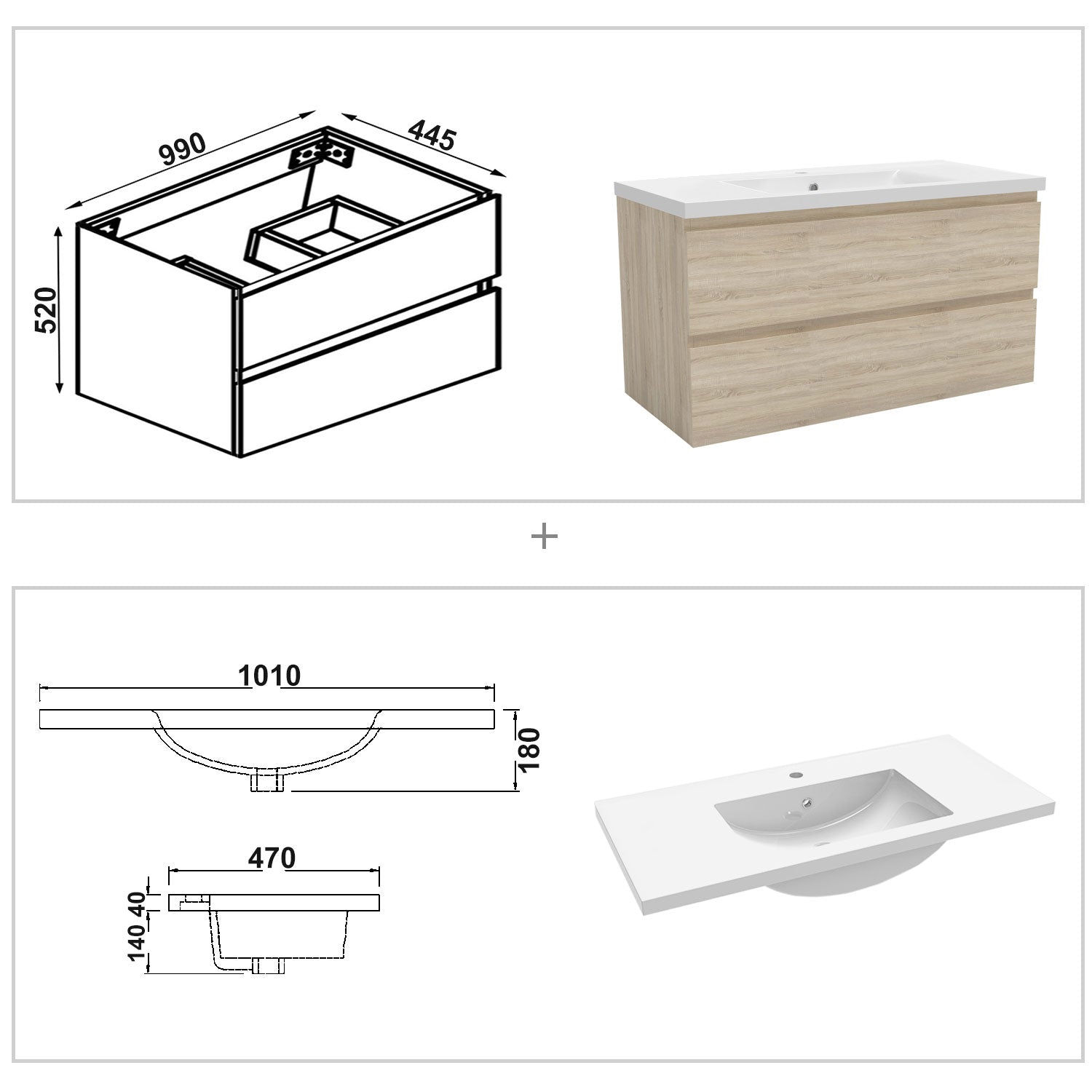 Biubiubath Badmöbel 50/60/80/100/120 cm Mineralguss-Waschtisch mit Unterschrank Badmöbel-Set Badezimmerschrank mit 2 Soft-Close-Schubladen Weiß matt/Dunkelgrau matt/Eiche matt/Weiß Hochglanz/Schwarz Hochglanz