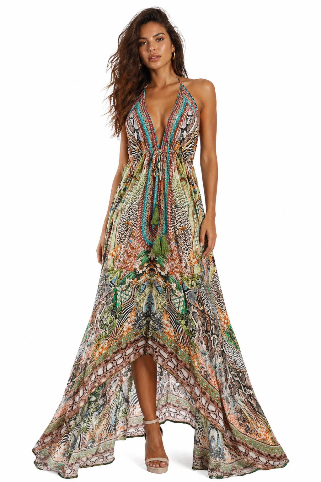 Green Abstract Print Halter Maxi Dress Front View - Boho Resort Wear by La Moda Clothing