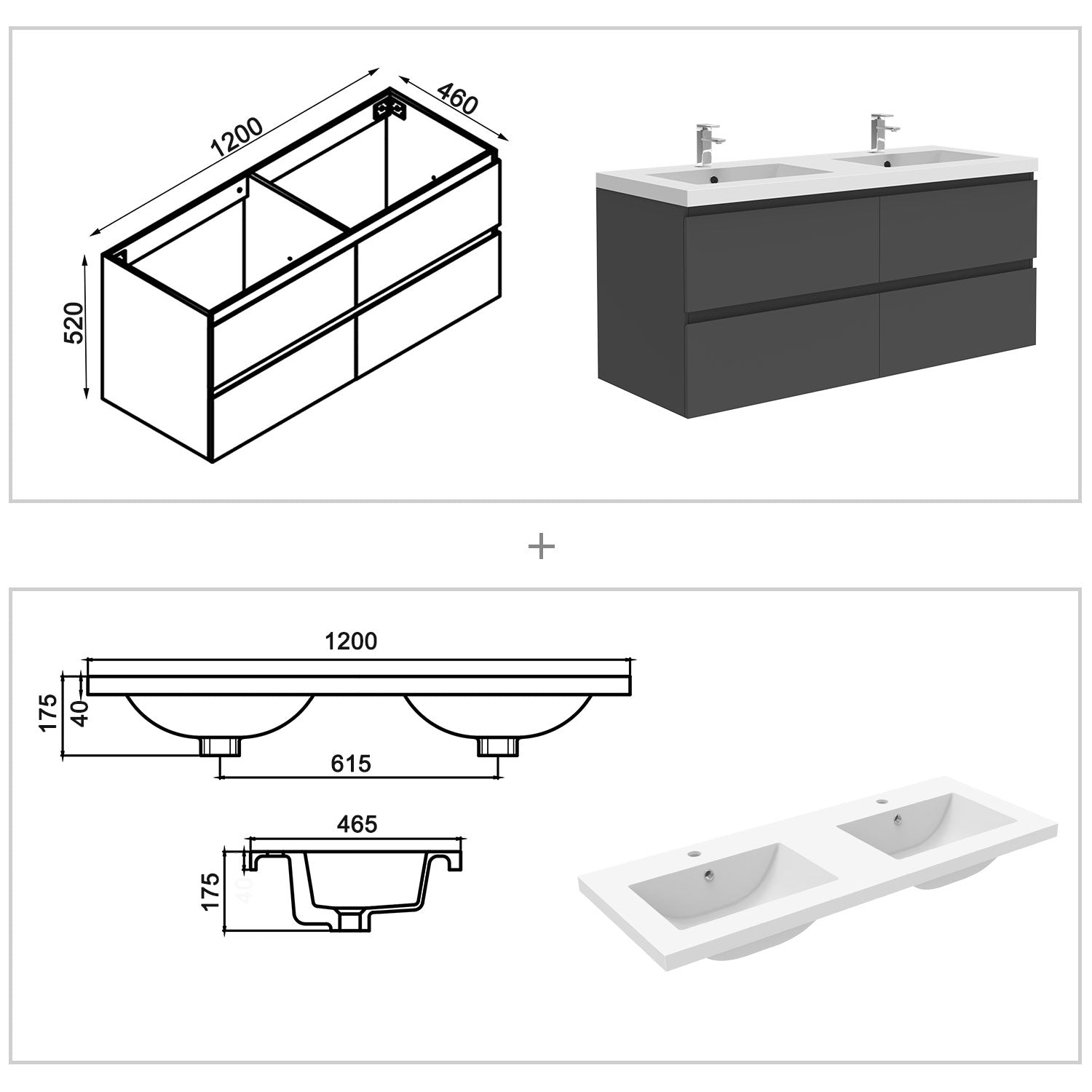 Biubiubath Badmöbel 50/60/80/100/120 cm Mineralguss-Waschtisch mit Unterschrank Badmöbel-Set Badezimmerschrank mit 2 Soft-Close-Schubladen Weiß matt/Dunkelgrau matt/Eiche matt/Weiß Hochglanz/Schwarz Hochglanz