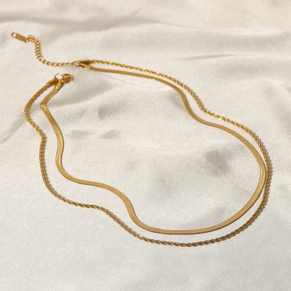 18K Layered Herringbone and Rope Chain Necklace