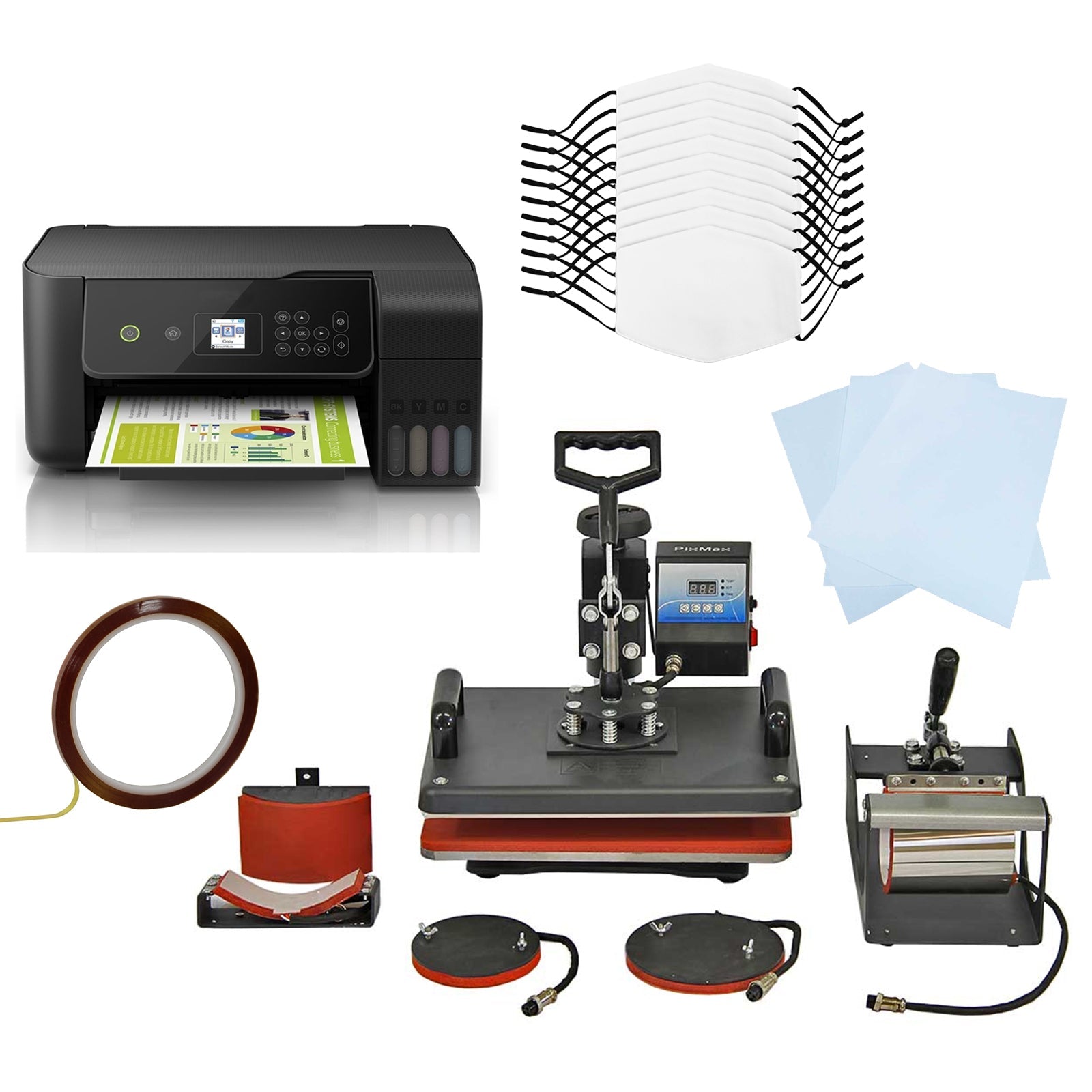 Presse à chaud 5 en 1 avec imprimante, masques vierges, rouleau de transfert et accessoires, surfaces noires et rouges, design moderne