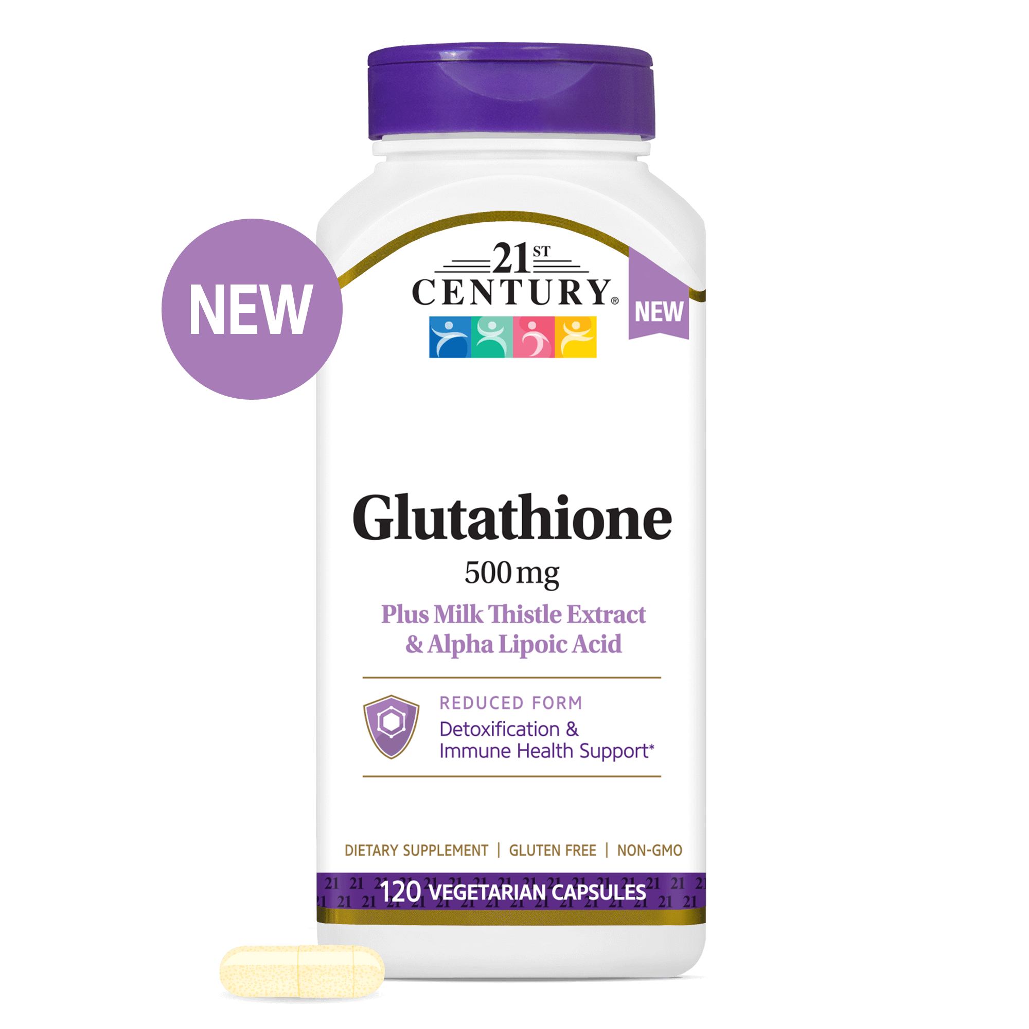 A bottle of 21st Century Glutathione 500 mg plus Milk Thistle Extract & Alpha Lipoic Acid with a glutathione capsule in front.