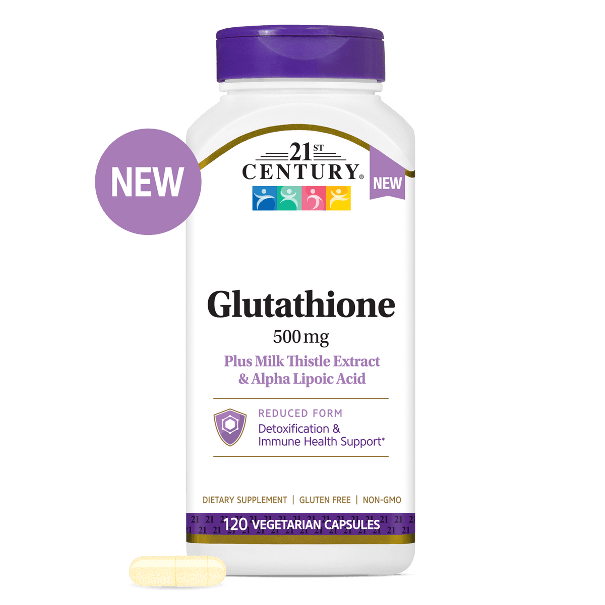 A bottle of 21st Century Glutathione 500 mg plus Milk Thistle Extract & Alpha Lipoic Acid with a glutathione capsule in front.