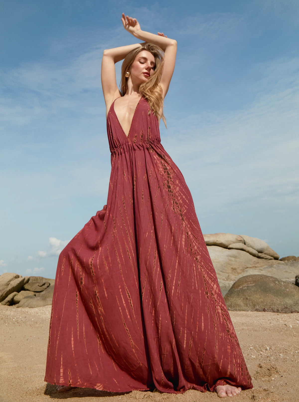 Shop TIE DYE OPEN BACK HALTER DRESS| Summer Maxi Dress | Tie dye Maxi Dress - Burgundy, Resortwear beach dress  with Coco De Chom?