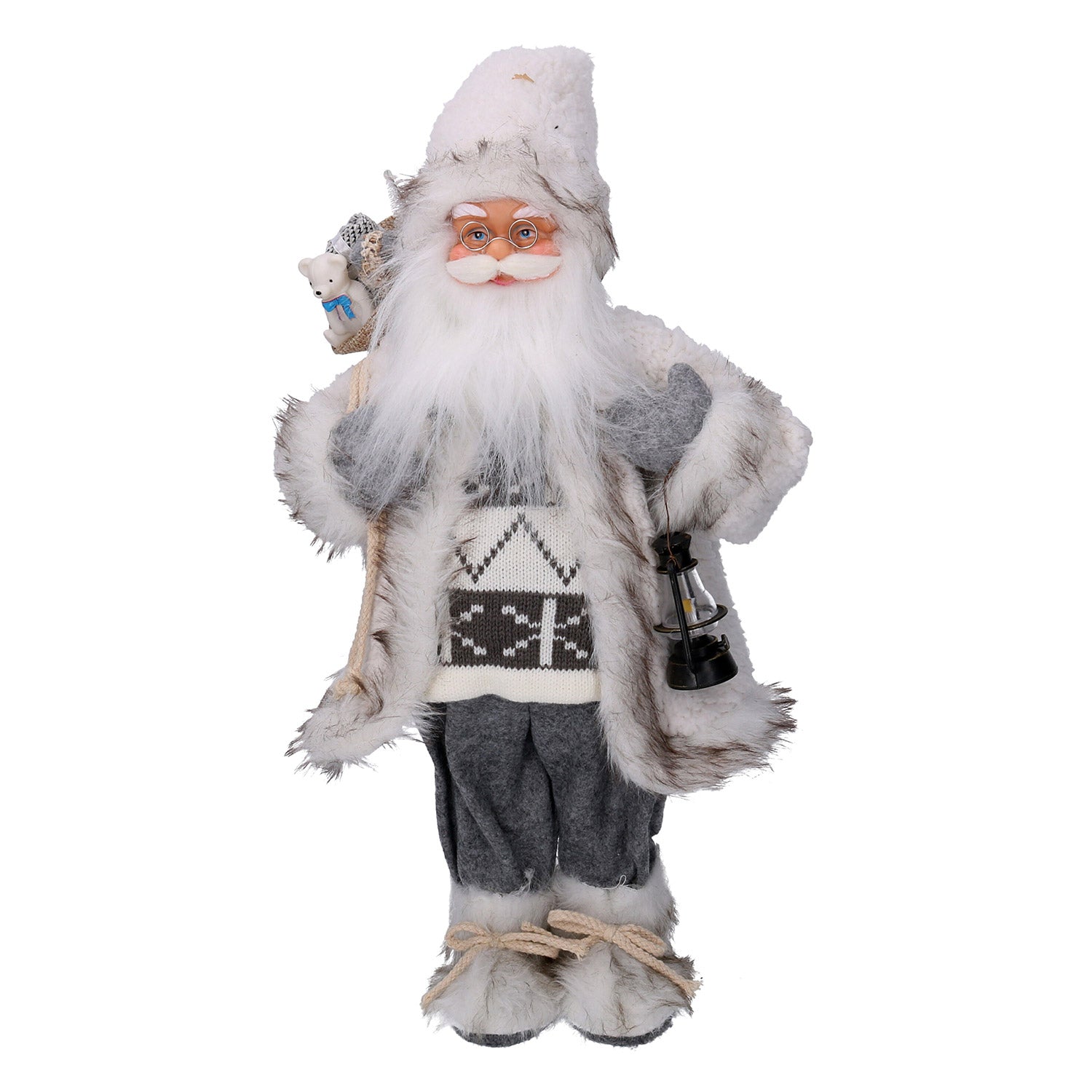 Pupazzo Babbo Natale in Tessuto con regali e lanterna grigio cm 30x17,5xh60