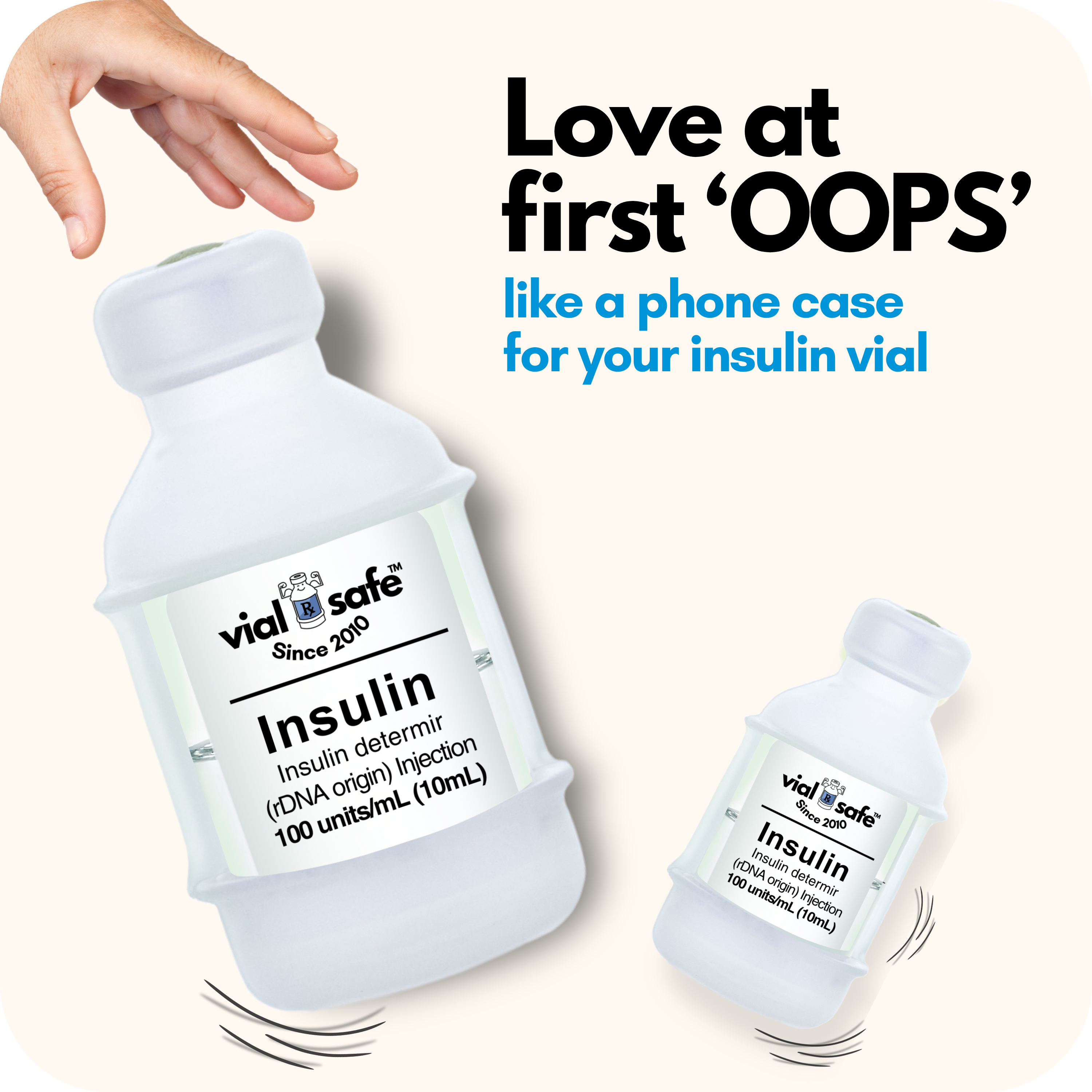Clear color Vial Safe insulin vial protector case with text "like a phone case for your insulin vial" on a white background.