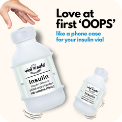 Clear color Vial Safe insulin vial protector case with text "like a phone case for your insulin vial" on a white background.