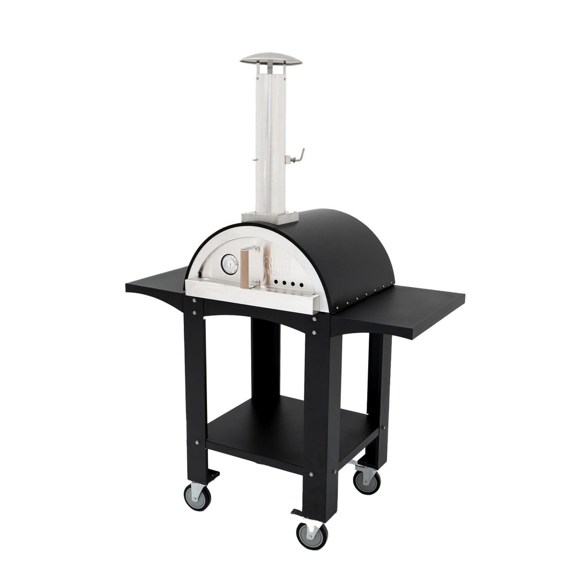 Four à pizza d'extérieur XL en acier noir avec plan de travail intégré, roulettes, cheminée et finition moderne, idéal pour les repas en plein air