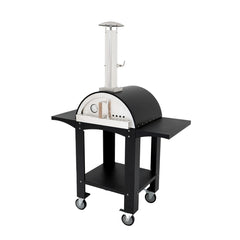 Four à pizza d'extérieur XL en acier noir avec plan de travail intégré, roulettes, cheminée et finition moderne, idéal pour les repas en plein air
