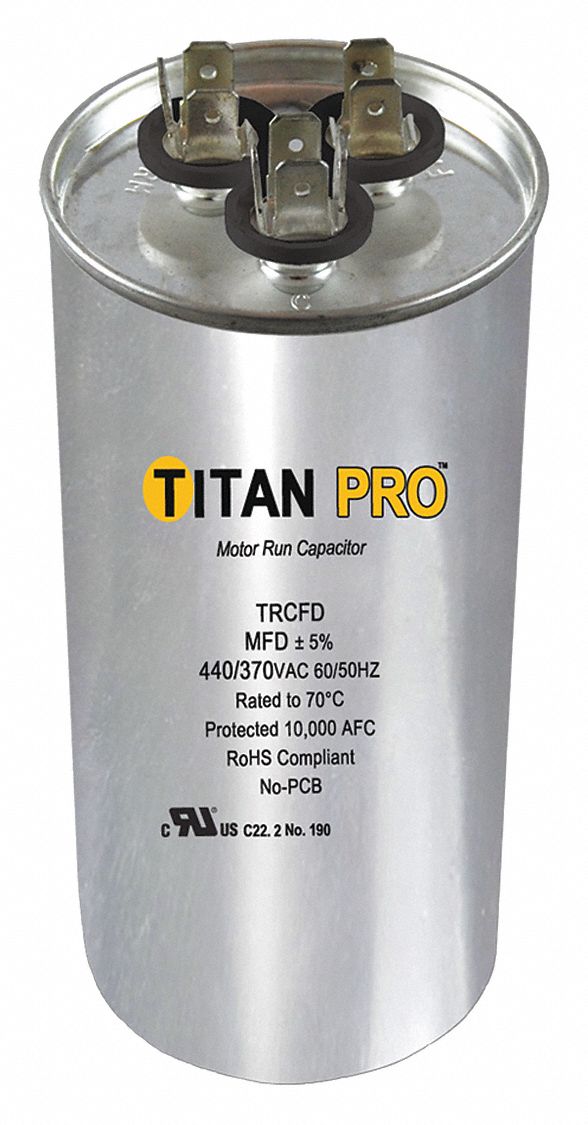 Titan Pro Round Motor Dual Run Capacitor,70/7.5 Microfarad Rating,370-440VAC Voltage - TRCFD7075