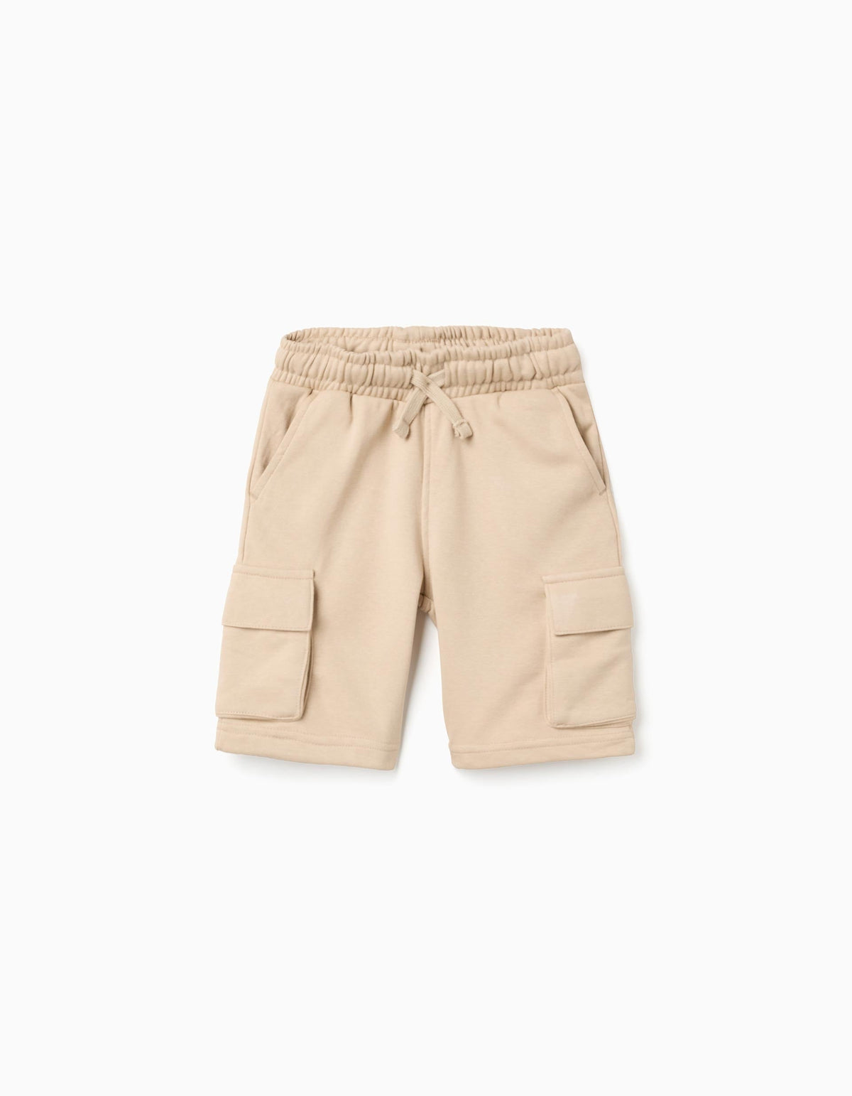 Fleece shorts with cargo pockets and drawstring for boys, beige