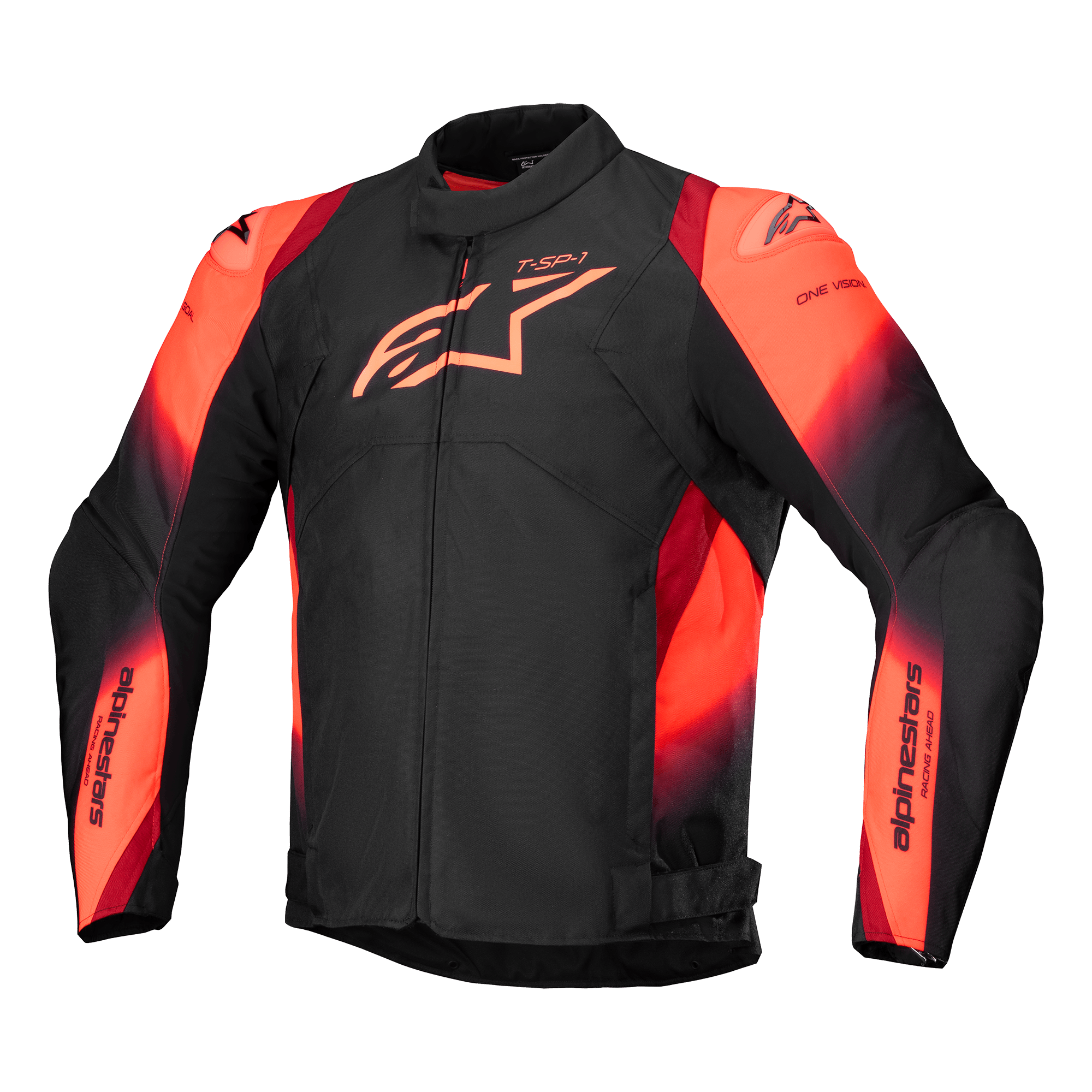 Alpinestars T-SP 1 V2 Waterproof Jacket, kurtka motocyklowa, czarna z czerwonymi akcentami fluo, wysoki kołnierz i długie rękawy, wyraźne logo Alpinestars na klatce piersiowej i branding na rękawach, sportowy tekstylny design z jaskrawymi czerwono-pomarańczowymi akcentami, wodoodporna konstrukcja ze ślizgaczami na ramionach