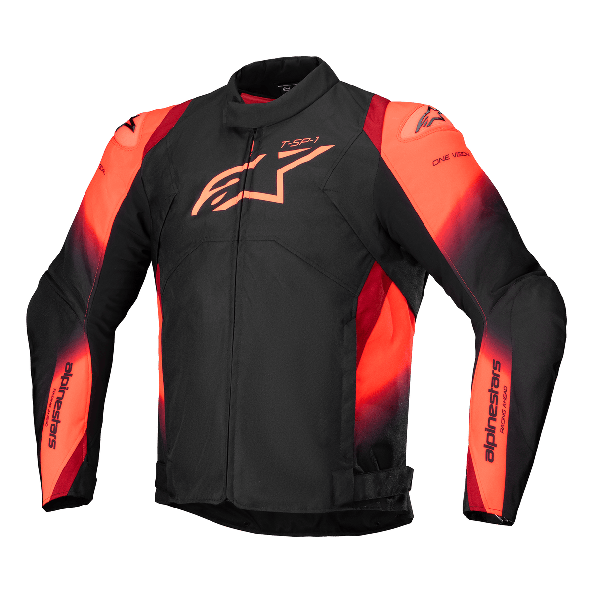 Alpinestars T-SP 1 V2 Waterproof Jacket, kurtka motocyklowa, czarna z czerwonymi akcentami fluo, wysoki kołnierz i długie rękawy, wyraźne logo Alpinestars na klatce piersiowej i branding na rękawach, sportowy tekstylny design z jaskrawymi czerwono-pomarańczowymi akcentami, wodoodporna konstrukcja ze ślizgaczami na ramionach