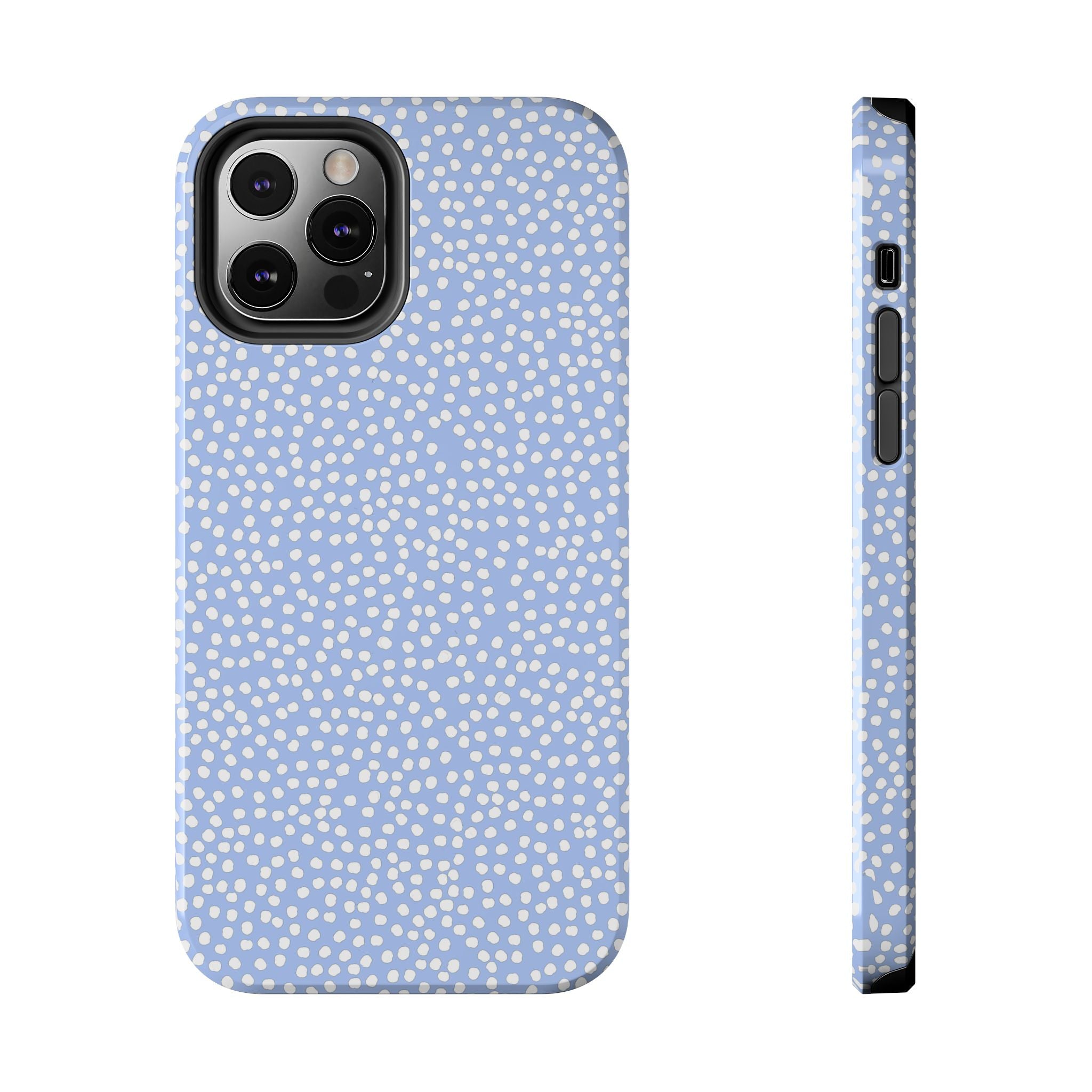 Blue phone case with white polka dots, showcasing rear and side views.