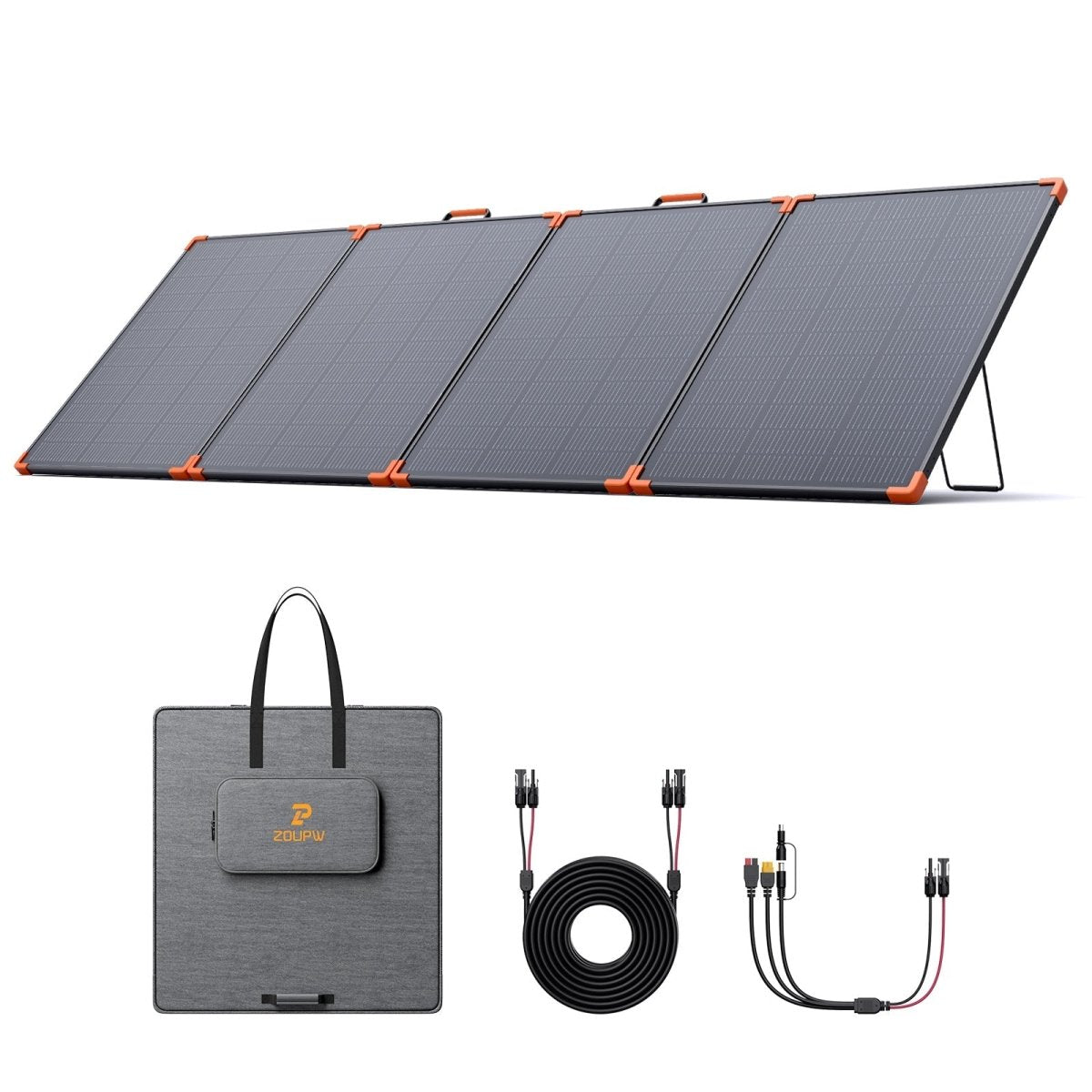 ZOUPW foldable solar panel with carrying bag, extension cables, and multi-contact adapters.