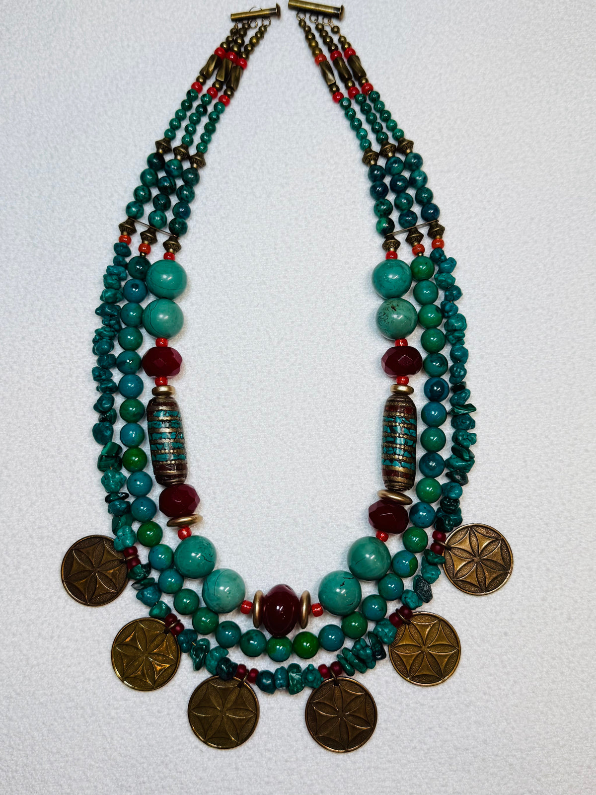 New! Yara Litosch triple strand with six brass coins, two metal beads necklace    #15