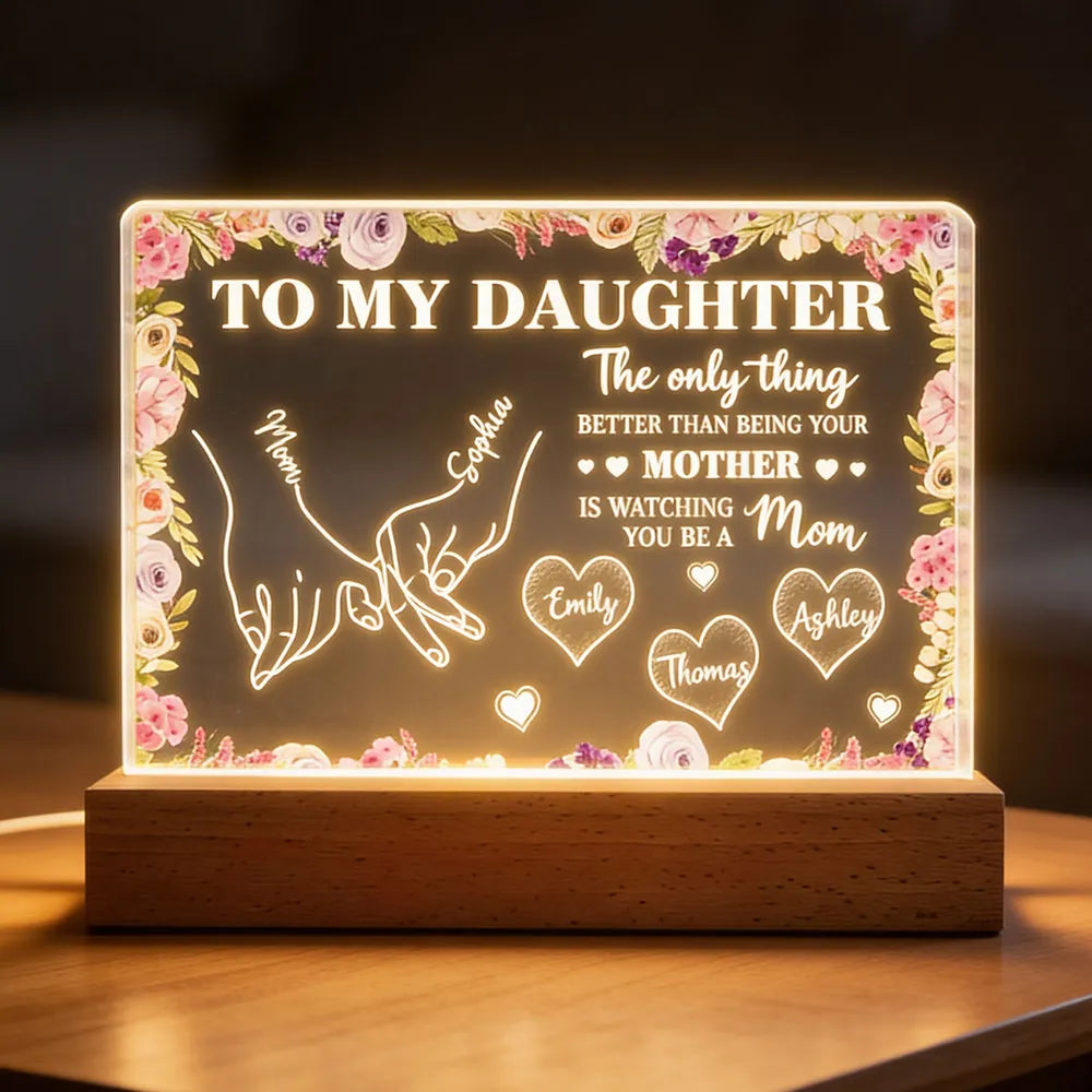 To My Daughter Mom And Daughter Holding Hands Custom Kids Names - Personalized Acrylic Block LED Night Light - Mother's Day Gift For Daughter