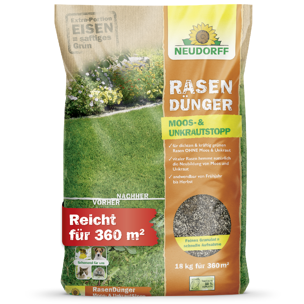 Neudorff Rasendünger Moos- und Unkrautstoff für einen dichten, kräftig grünen Rasen ohne Moos und Unkraut