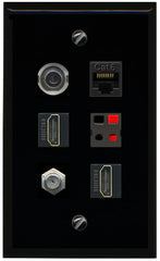 RiteAV 3.5mm CAT6 COAX 2 HDMI SPEAKER Flat/Solid Wall Plate [Black]