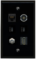 RiteAV CAT6 Coax HDMI TOSLINK 2 USBC Flat/Solid Wall Plate [Black]