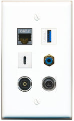 RiteAV 3.5mm CAT7 RCA-BLUE TOSLINK USB-3 USBC Flat/Solid Wall Plate [White]