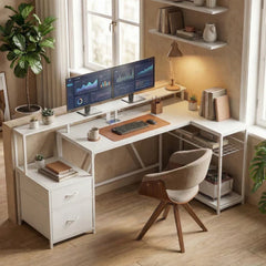76" Gaming Desk, Reversible Computer Table with RGB Lights, USB Ports, Monitor Stand and 2 Fabric Drawers, White