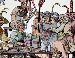 History of medicine. Dentist. Middle Ages. Satire. Engraving. 12th century. Colored.