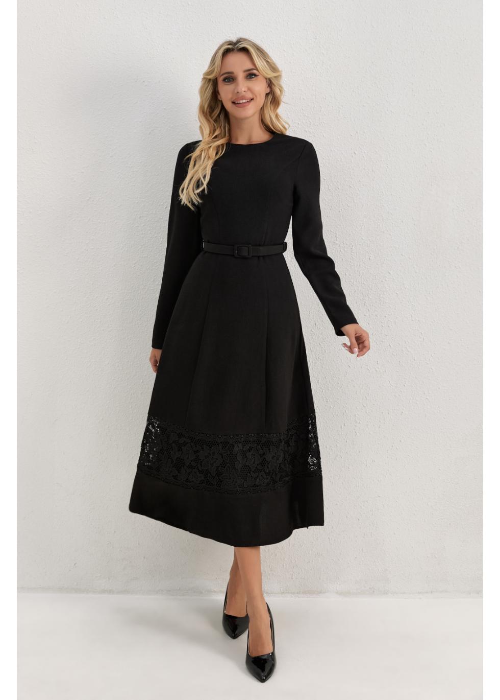 MissFinchNYC Opera Lace Hem Midi Dress in black, featuring intricate lace details and a flowing midi silhouette.