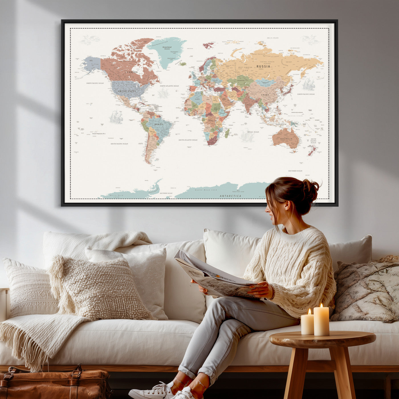 63447567-MGV-CV-36X24 - World Map Wall Art Canvas Print, Modern Decorative Framed Map Artwork Prints for Living Room, Office, Bedroom Wall Decor