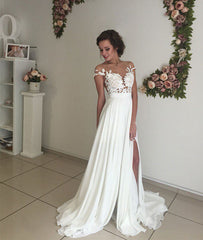 ivory chiffon lace round neck long prom dress, evening dress - shdress