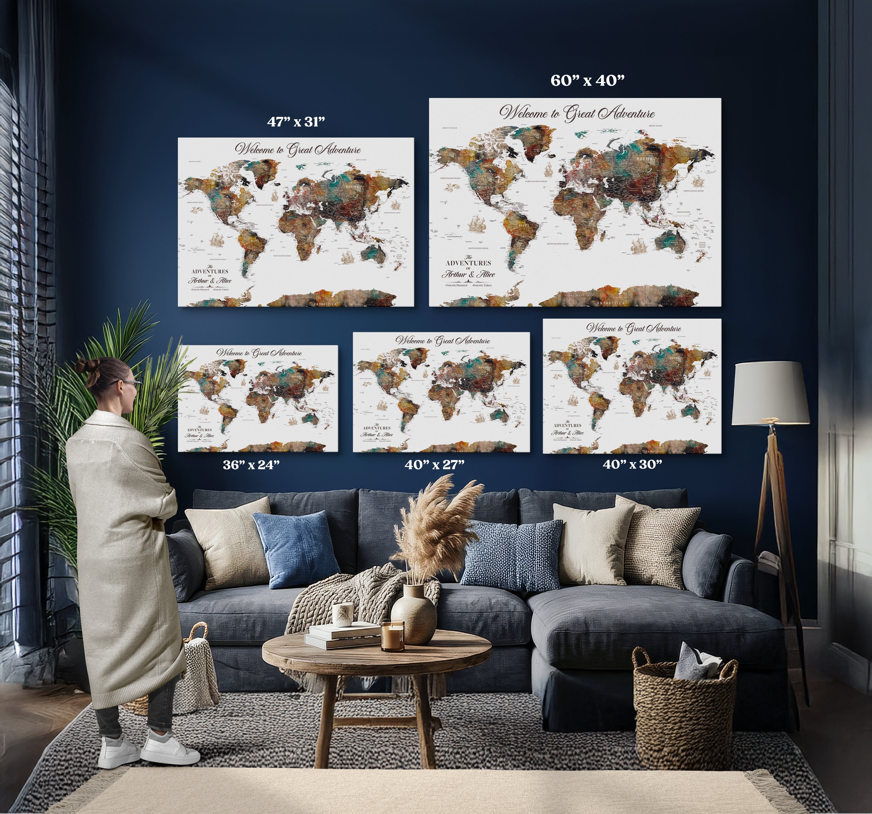 56364879-MGV-CV-36X24-Colorful Watercolor World Map Canvas Wall Art ??? Framed Modern Travel Map for Home and Office Decor