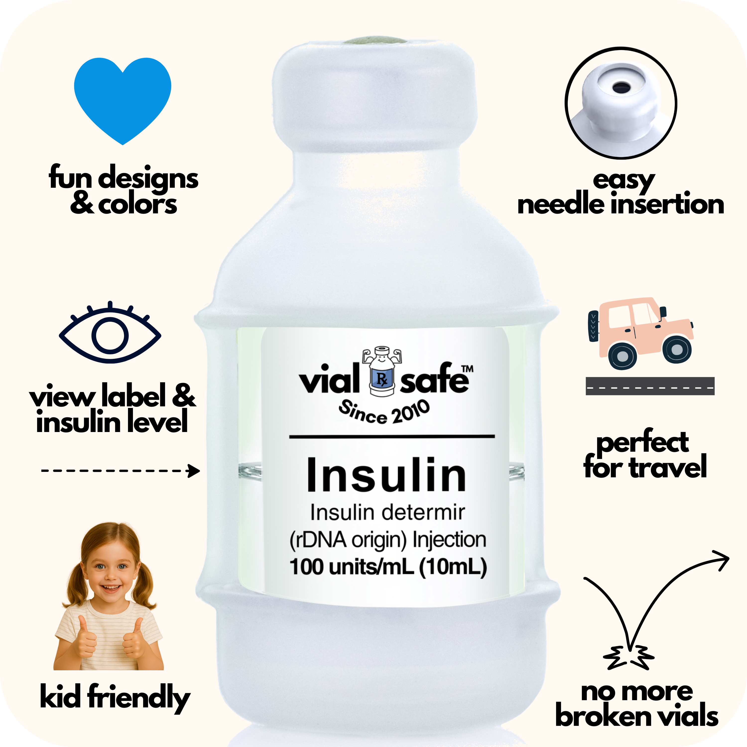 Clear color Vial Safe insulin vial protector with 'vial safe' label and Vial Safe selling features on white background.